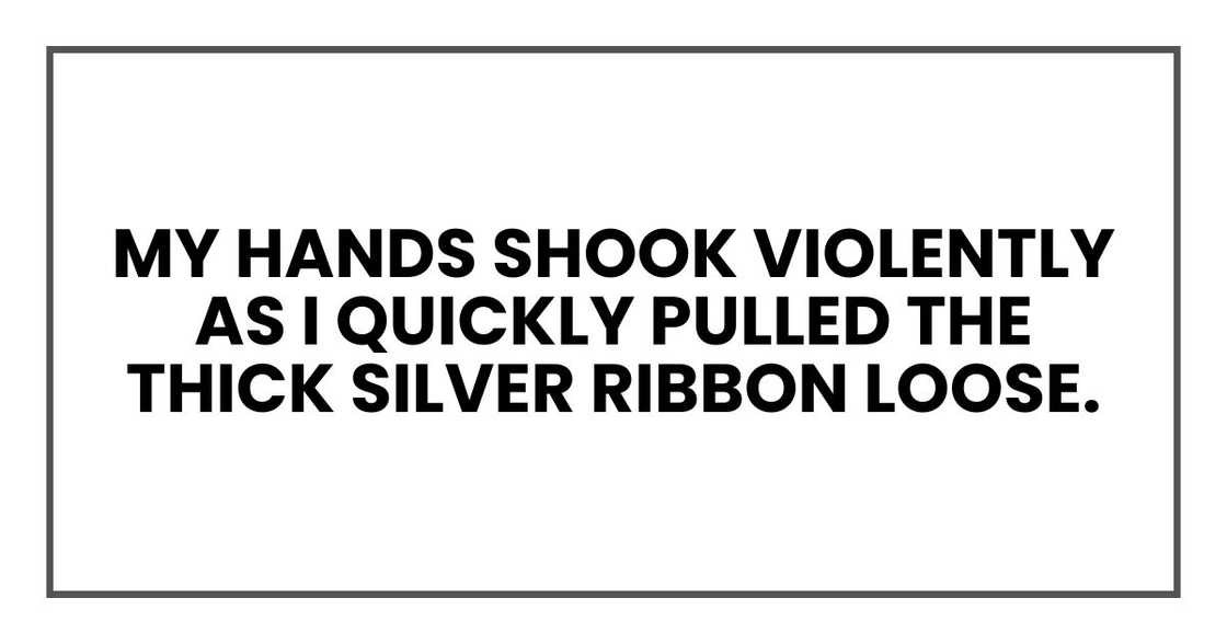 My hands shook violently as I quickly pulled the thick silver ribbon loose. My hands shook violently as I quickly pulled the thick silver ribbon loose.