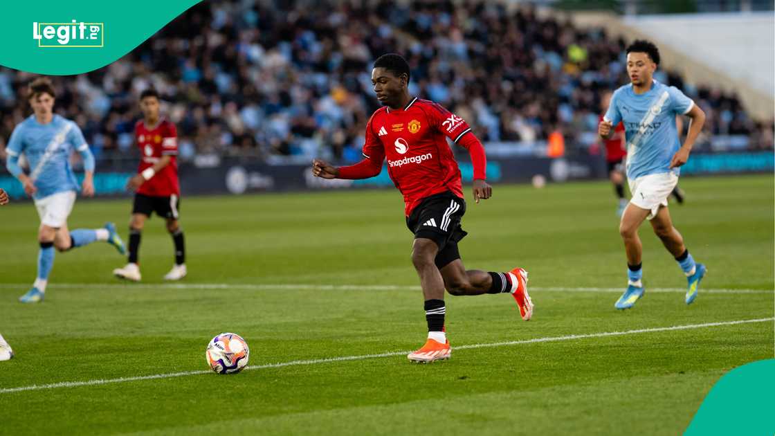 Dante Plunkett of Man United in action against Man City in the FA Youth Cup final. Photo by Ash Donelon