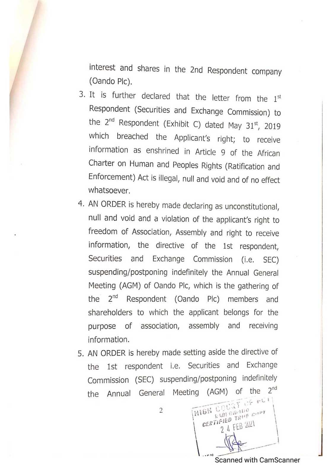 Oando shareholders have taken SEC to court to challenge penalties against Oando in May 31st letter
