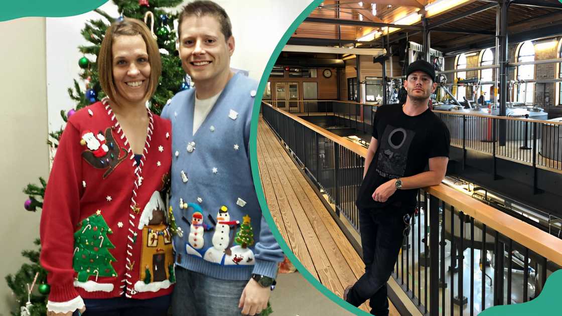 Joshua Ackles and his wife during a Christmas party (L). Jensen Ackles posing while leaning on a balcony (R)