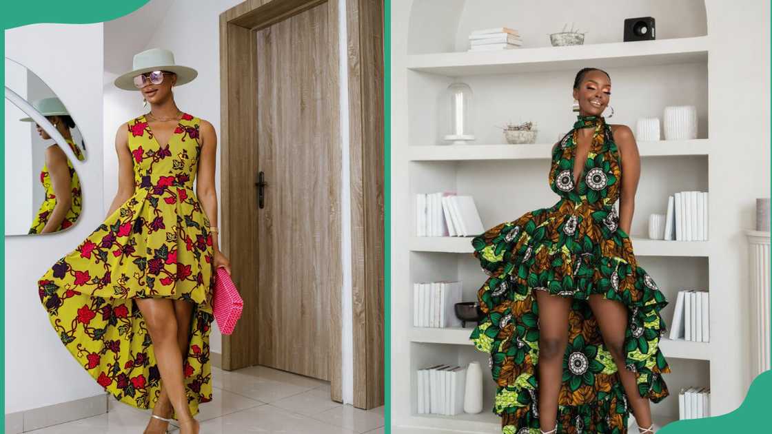 Yellow mixed print and green mixed prints high low dresses
