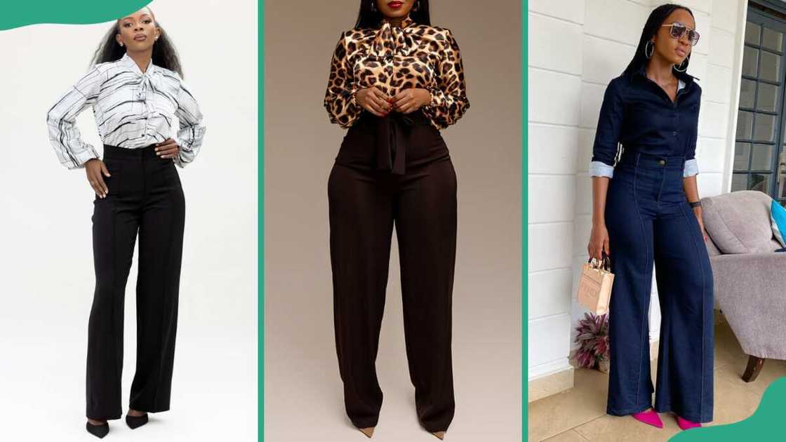 Ladies displaying different dress pant designs Ladies displaying different dress pant designs