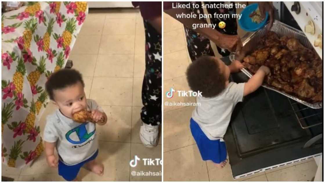 A baby without teeth steals chicken, struggles with it. Photo Source: Tiktok A baby without teeth steals chicken, struggles with it. Photo Source: Tiktok