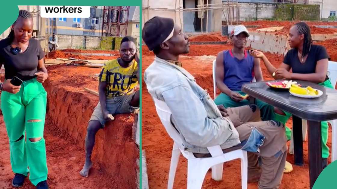 Lady cooks for men at construction site.