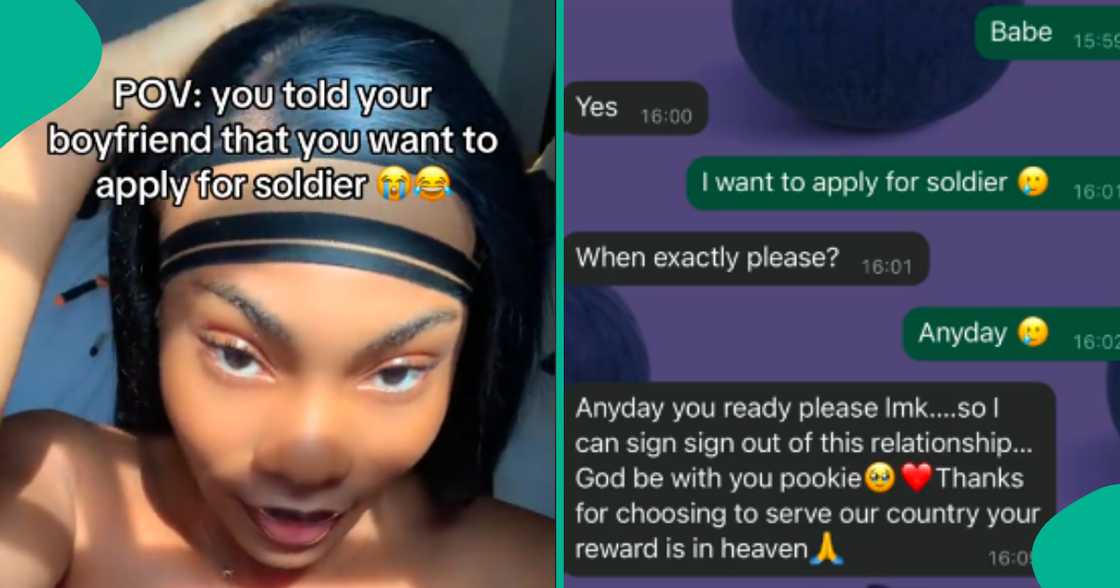 Lady shares her boyfriend's response after saying she wanted to become soldier