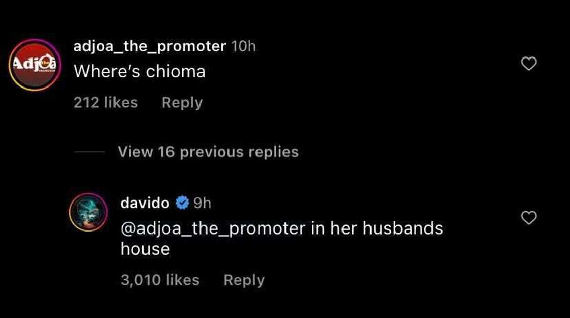 Davido replies fan asking where Chioma is. Davido replies fan asking where Chioma is.