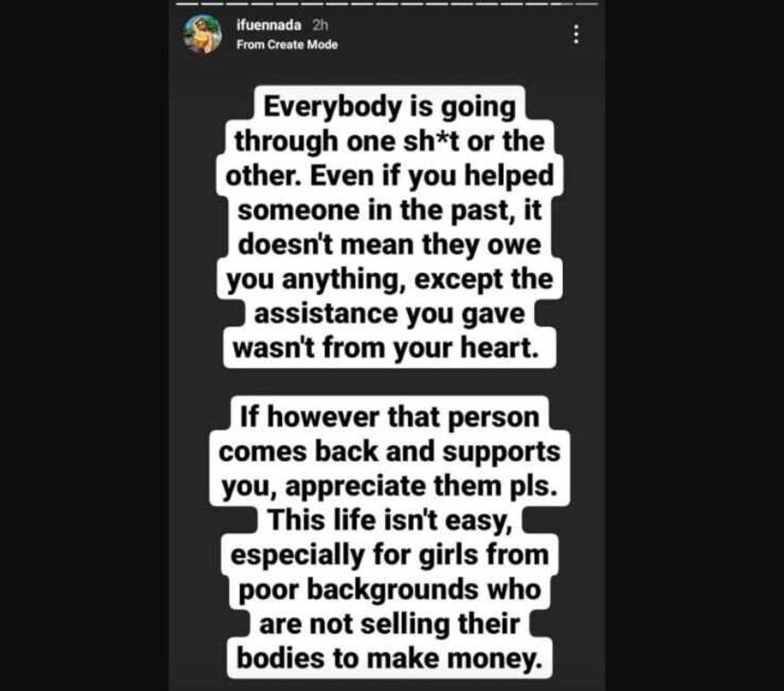 BBNaija star Ifu Ennada calls out entitled members of her extended family for being selfish BBNaija star Ifu Ennada calls out entitled members of her extended family for being selfish