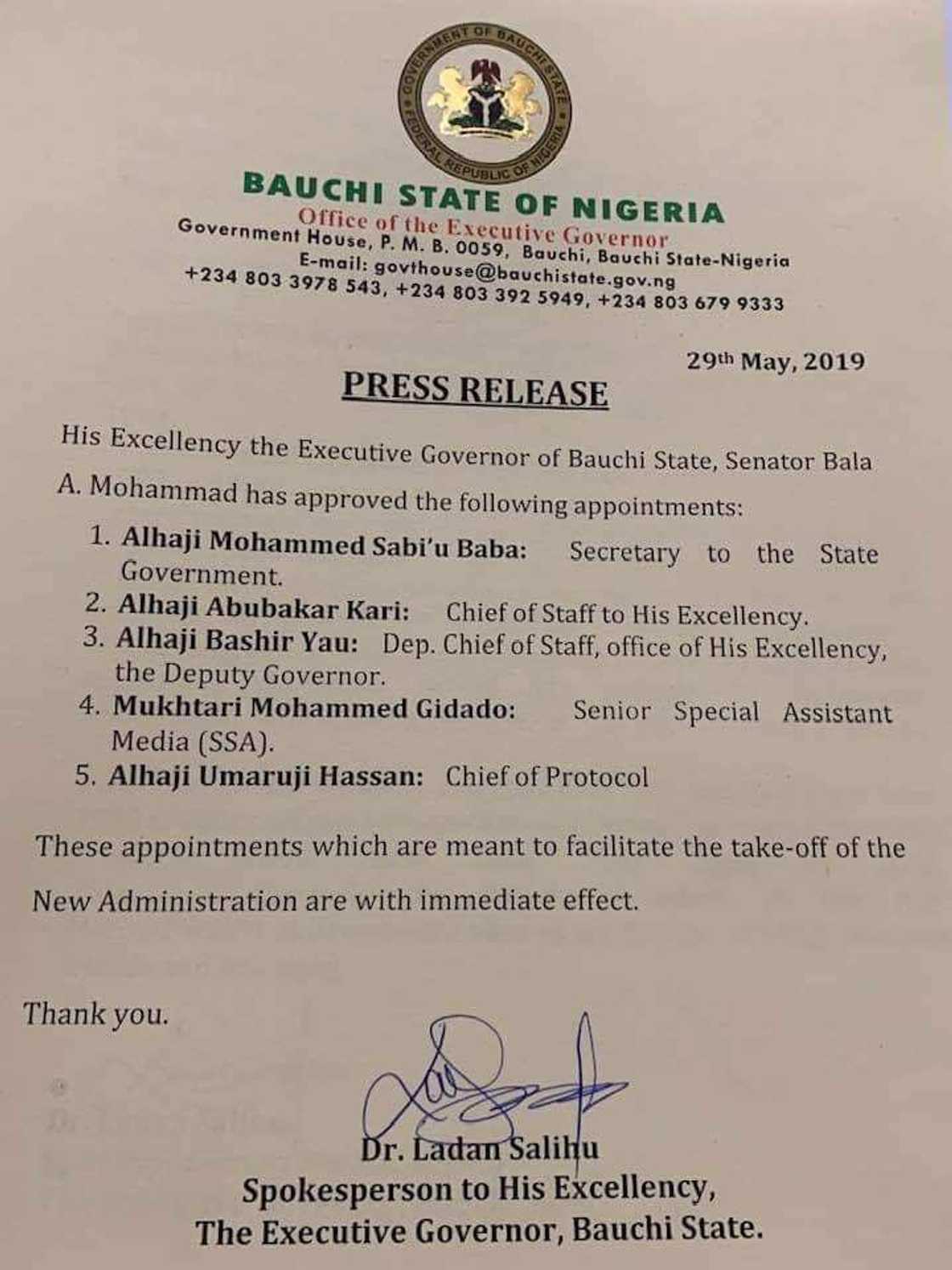 Sanata Bala kaura ya yi nade naden farko a matsayin gwamnan Bauchi