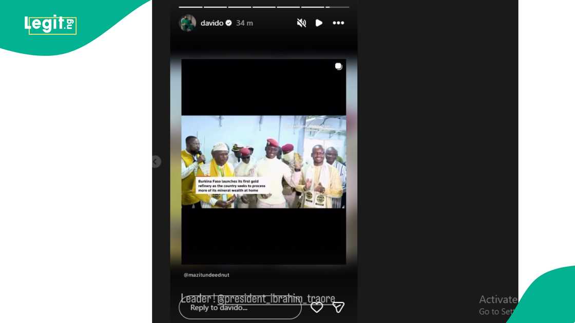 Davido reshares video of Burkina Faso's gold refinery launch on his page.
