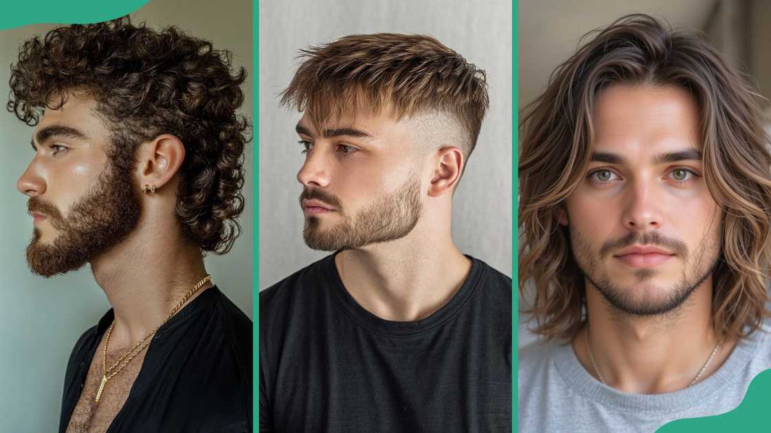Curly mullet (L), mid-length curtains (C), and fringe (R) haircuts Curly mullet (L), mid-length curtains (C), and fringe (R) haircuts