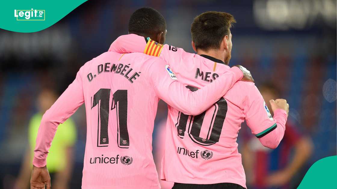 Ousmane Dembele, Lionel Messi, Barcelona, La Liga, Spain, Messi and Dembele celebrate together at Barcelona. Ousmane Dembele, Lionel Messi, Barcelona, La Liga, Spain, Messi and Dembele celebrate together at Barcelona.