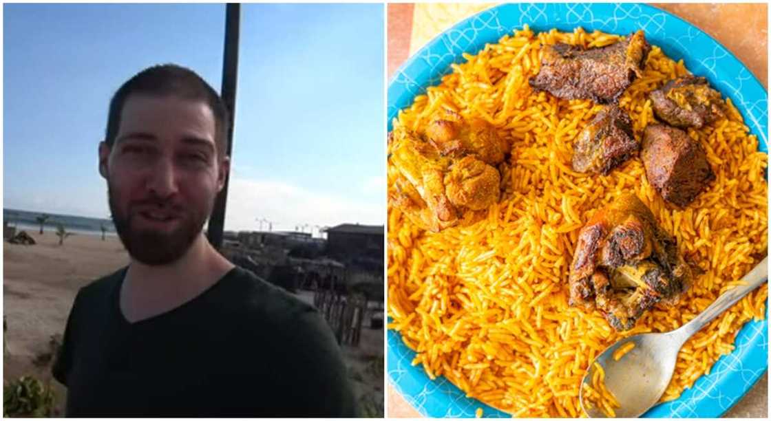 Photos of white man in Lagos and a plate of Jollof rice. Photos of white man in Lagos and a plate of Jollof rice.
