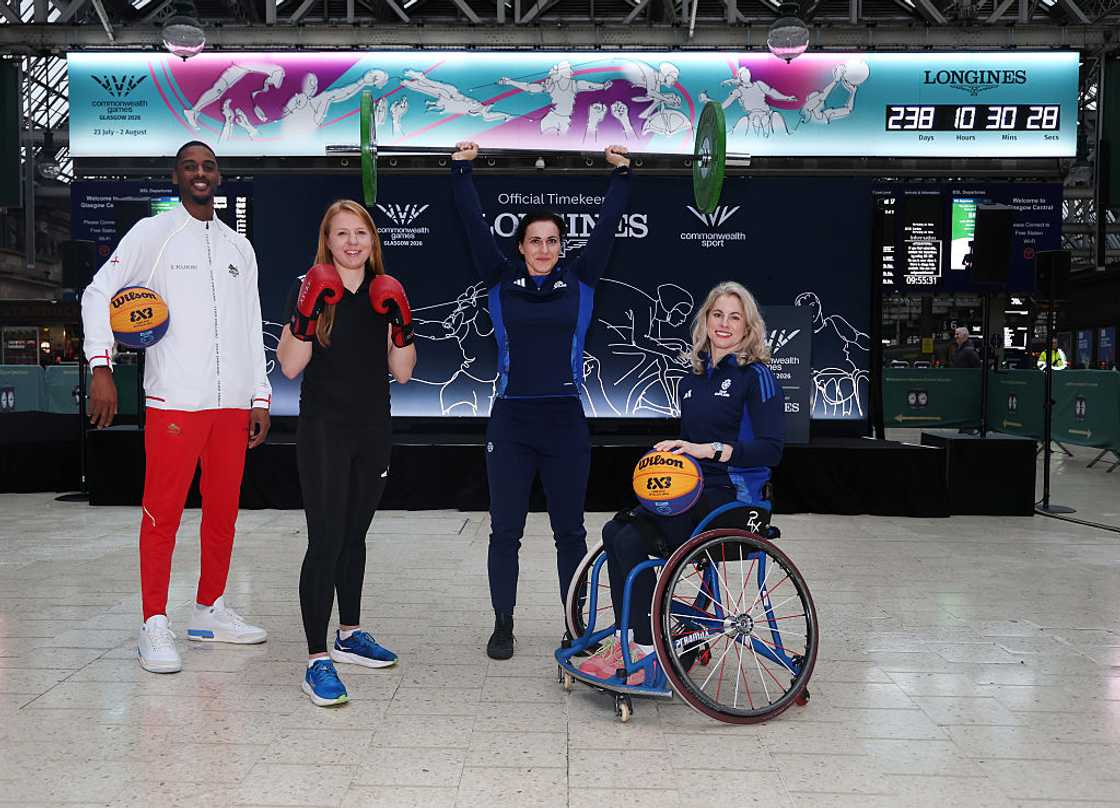 Athletes Robyn Love, Agata Herbert, Jamell Anderson, and Rosie Eccles at the countdown clock launch
