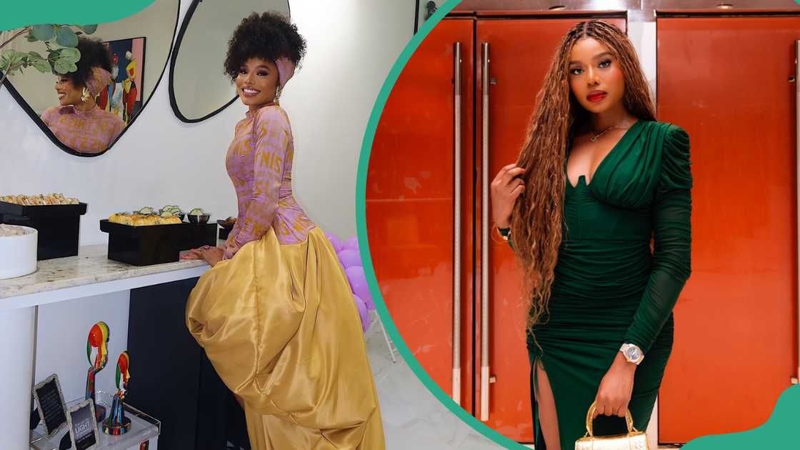 Nancy Isime in her dressing room in a gorgeous purple and gold gown, and she poses in a green dinner dress Nancy Isime in her dressing room in a gorgeous purple and gold gown, and she poses in a green dinner dress