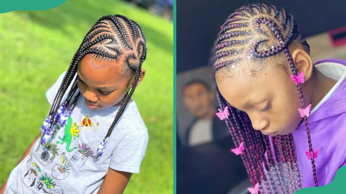 Lemon braids with blue and white beads(L). Lemonade braids with clear, pink beads, and butterfly clips (R)