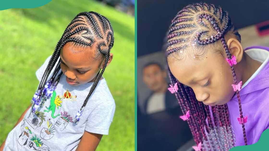 Lemon braids with blue and white beads(L). Lemonade braids with clear, pink beads, and butterfly clips (R) Lemon braids with blue and white beads(L). Lemonade braids with clear, pink beads, and butterfly clips (R)
