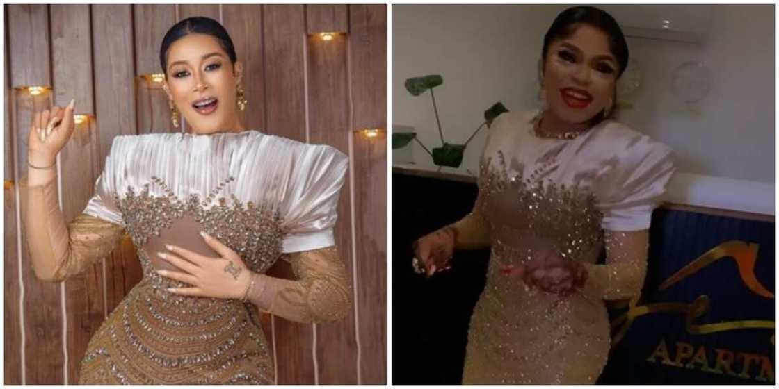 Photos of Adunni Ade and Bobrisky in same design. Photos of Adunni Ade and Bobrisky in same design.
