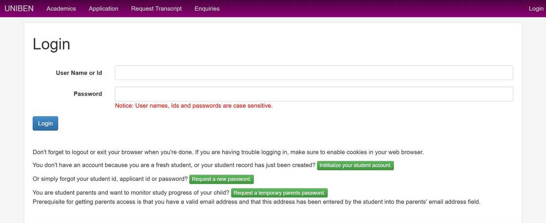 Screenshot of UNIBEN student portal