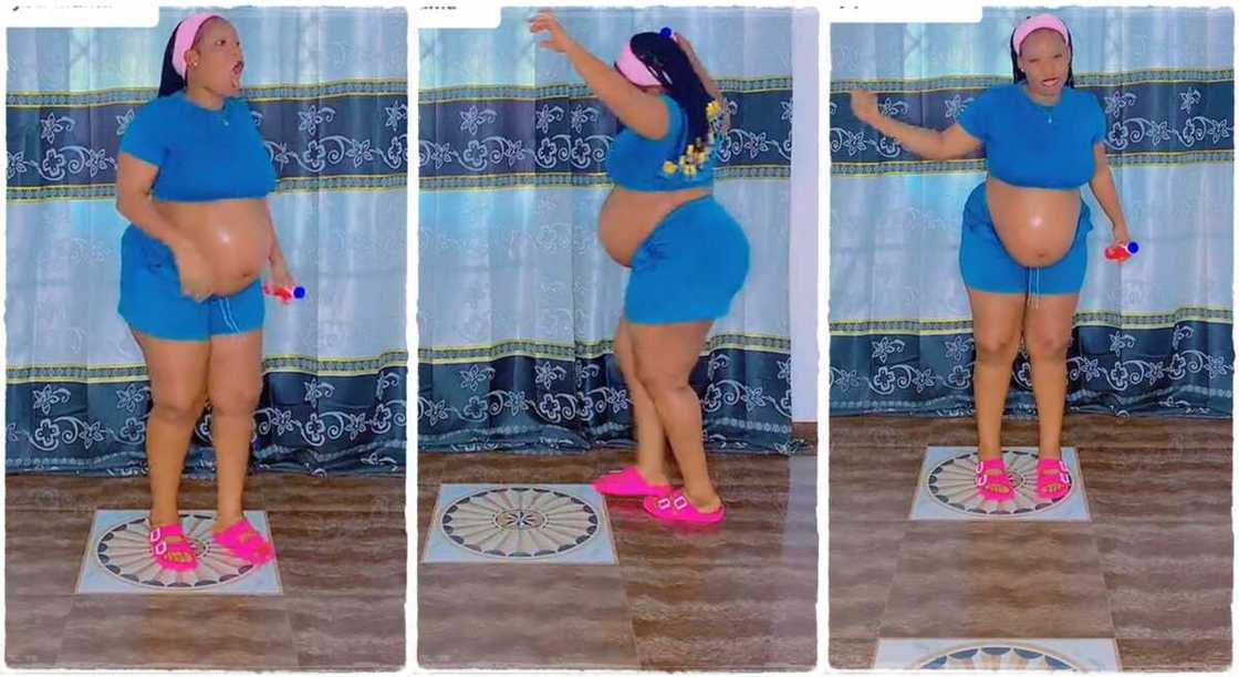 Pregnant woman dancing inside her room. Pregnant woman dancing inside her room.