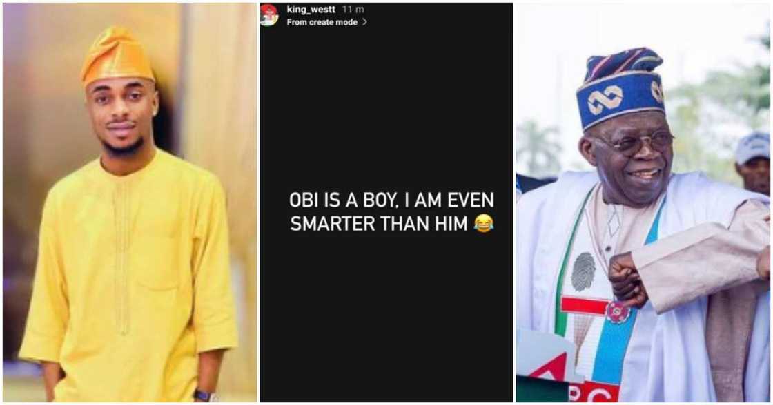 MC Oluomo's son taunts Peter Obi as Tinubu wins election.