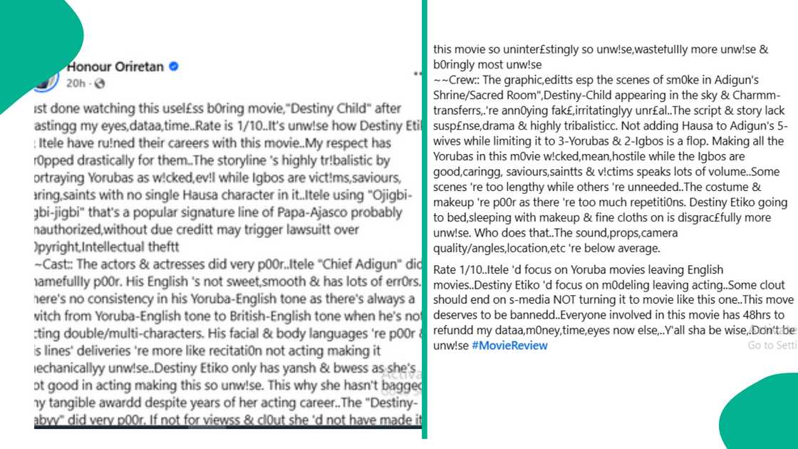 Critic Oriretan Honour rates Destiny Etiko and Itele’s new movie Destiny Child 1/10, citing tribal bias, poor acting, inconsistent English, and calls for refund; reactions spark online debate.