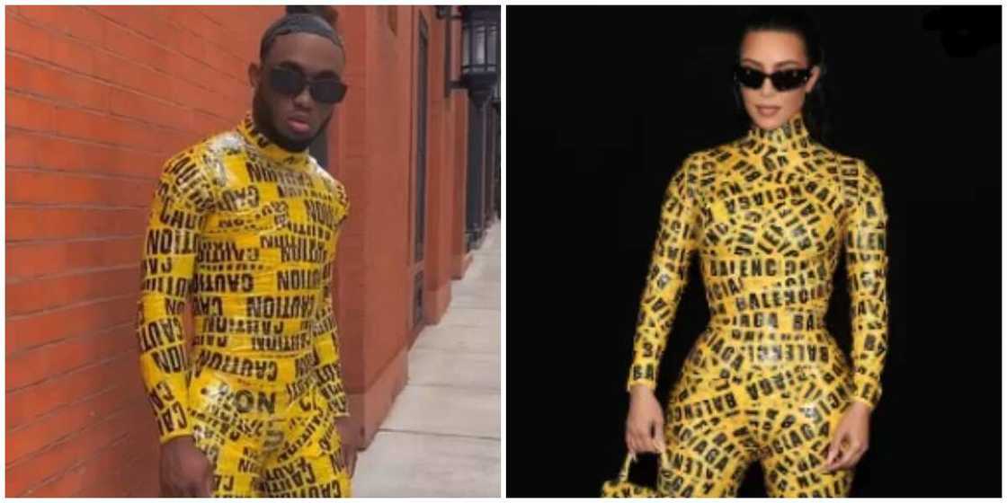 Photos of a man and Kim Kardashian in Yellow Tape Catsuit looks. Photos of a man and Kim Kardashian in Yellow Tape Catsuit looks.