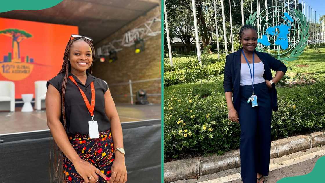 Rinu Oduala attends the 12th Global Assembly of the World Movement for Democracy in South Africa (L). The youth advocate at the United Nations headquarters (R) Rinu Oduala attends the 12th Global Assembly of the World Movement for Democracy in South Africa (L). The youth advocate at the United Nations headquarters (R)