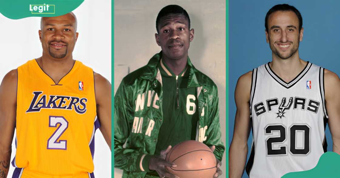 Derek Fisher (L), Bill Russell (C), and Manu Ginobili Derek Fisher (L), Bill Russell (C), and Manu Ginobili