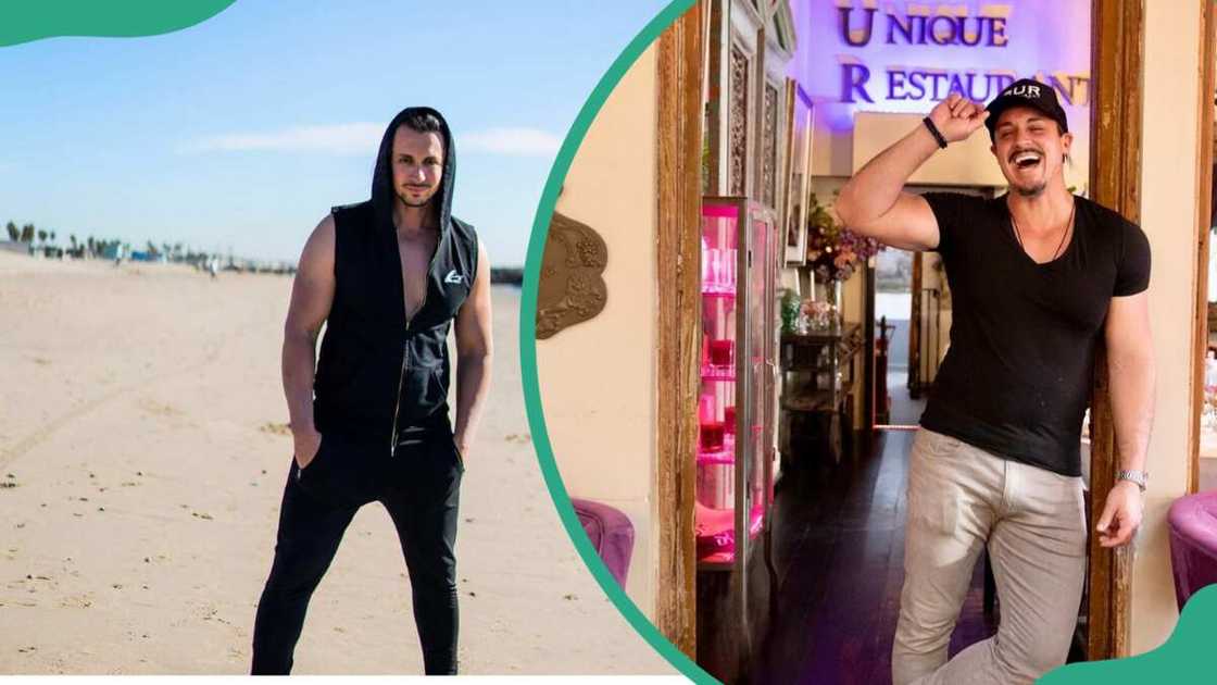 Peter Madrigal posing at a beach and leaning on a wall Peter Madrigal posing at a beach and leaning on a wall