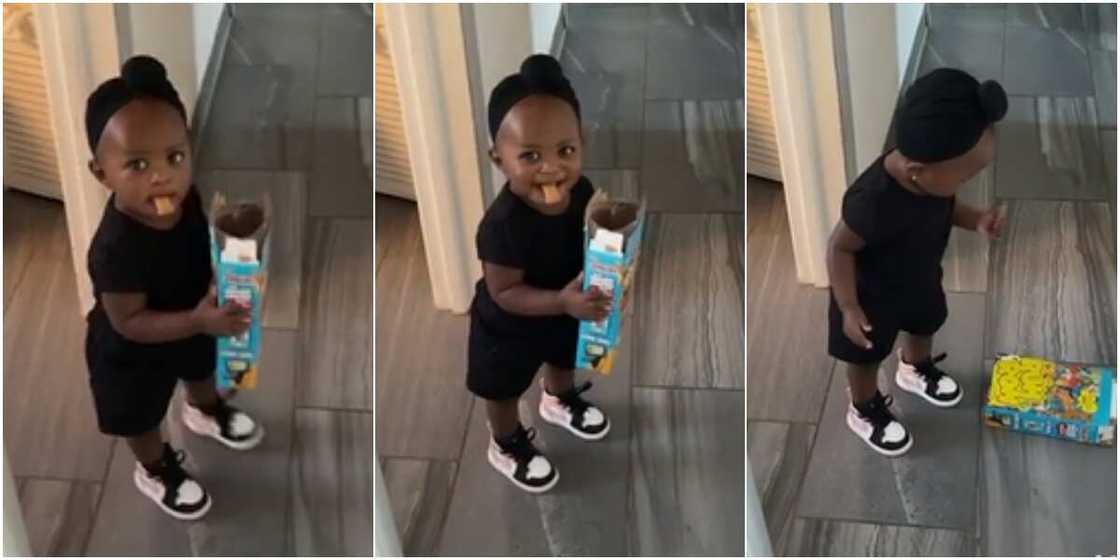 The little girl was caught "stealing" cereal The little girl was caught "stealing" cereal