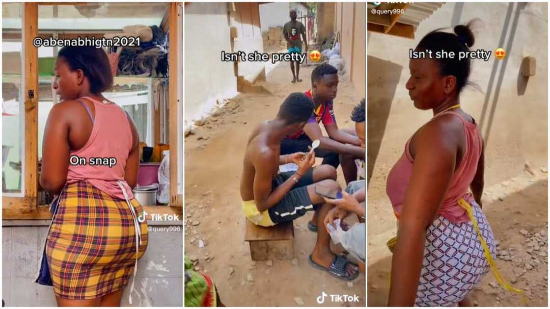 Food seller played with customers/men eat food in her shop. Food seller played with customers/men eat food in her shop.
