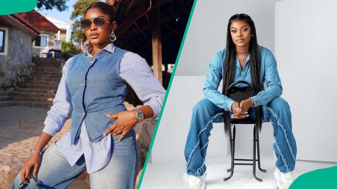 Miwa Olorunfemi posing for a photo wearing different denim outfits Miwa Olorunfemi posing for a photo wearing different denim outfits