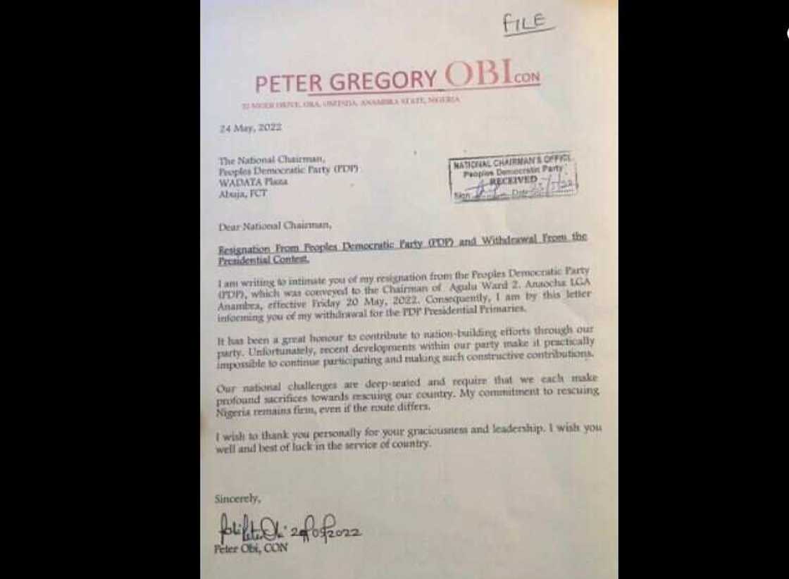 Peter Obi Resignation Letter, PDP, Presidential Primaries Peter Obi Resignation Letter, PDP, Presidential Primaries