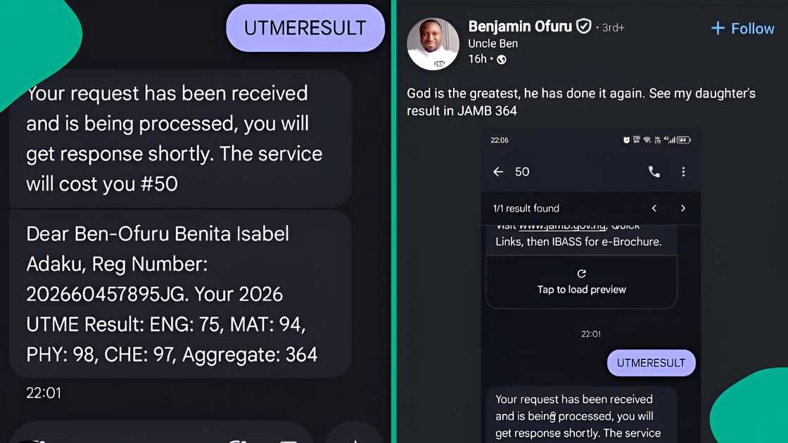 Proud father shares daughter’s 2026 UTME result after high scores in Physics and Chemistry