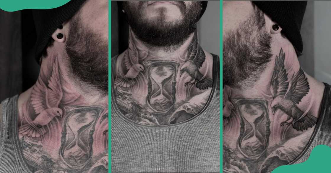 A throat tattoo with a dove and a crow A throat tattoo with a dove and a crow