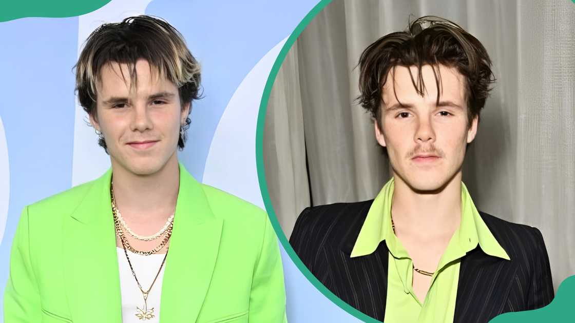 Cruz Beckham poses in a lime green blazer and white T-shirt (L). The singer poses in a black striped blazer and lime green shirt (R) Cruz Beckham poses in a lime green blazer and white T-shirt (L). The singer poses in a black striped blazer and lime green shirt (R)