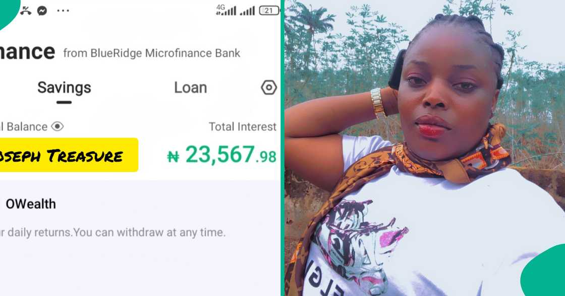 A lady who has been saving using the Safebox feature on Opay, excitedly shows off her total interest.