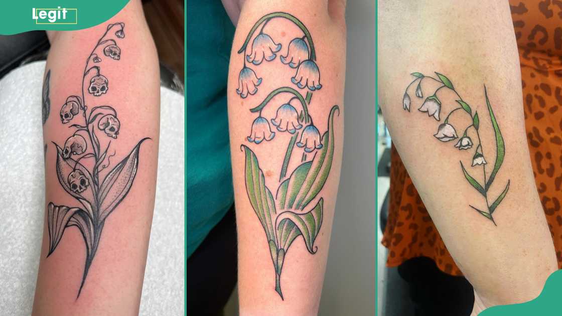 Lily of the Valley tattoos featuring skulls (L), blue (C) and white flowers (R). Lily of the Valley tattoos featuring skulls (L), blue (C) and white flowers (R).