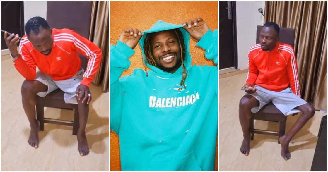 Actor Jigan reacts as Asake sings about his leg deformity. Actor Jigan reacts as Asake sings about his leg deformity.