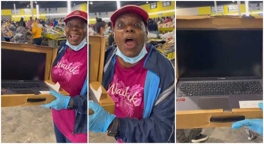 Photos of woman showing off laptop she bought for N3000. Photos of woman showing off laptop she bought for N3000.