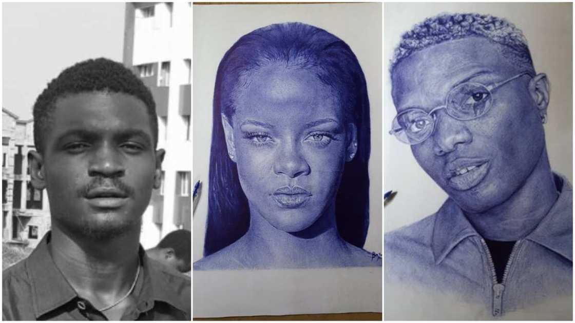 Young Nigerian artist from Ibadan draws Wizkid, Rihana with pen on paper Young Nigerian artist from Ibadan draws Wizkid, Rihana with pen on paper