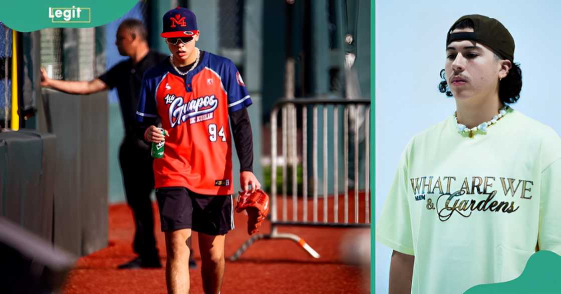 Bysael Ocasio walks in a red and blue baseball shirt (L). The pitcher poses standing, against a white background (R).