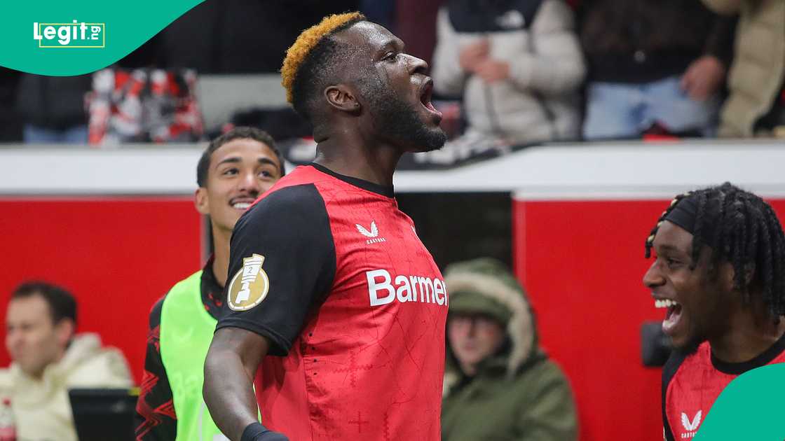 Super Eagles striker Victor Boniface celebrates after scoring a goal for Leverkusen.