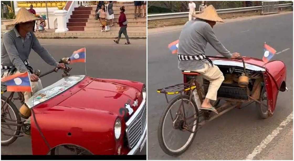 Photos of a man riding a bicycle that looks like a car.