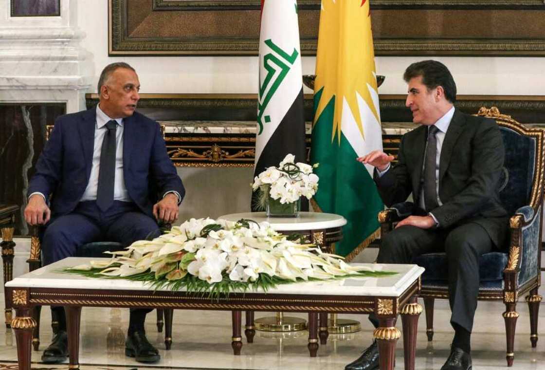 The President of Iraq's autonomous Kurdistan Region Nechirvan Barzani (R) met with Iraqi Prime Minister Mustafa al-Kadhemi in Arbil The President of Iraq's autonomous Kurdistan Region Nechirvan Barzani (R) met with Iraqi Prime Minister Mustafa al-Kadhemi in Arbil