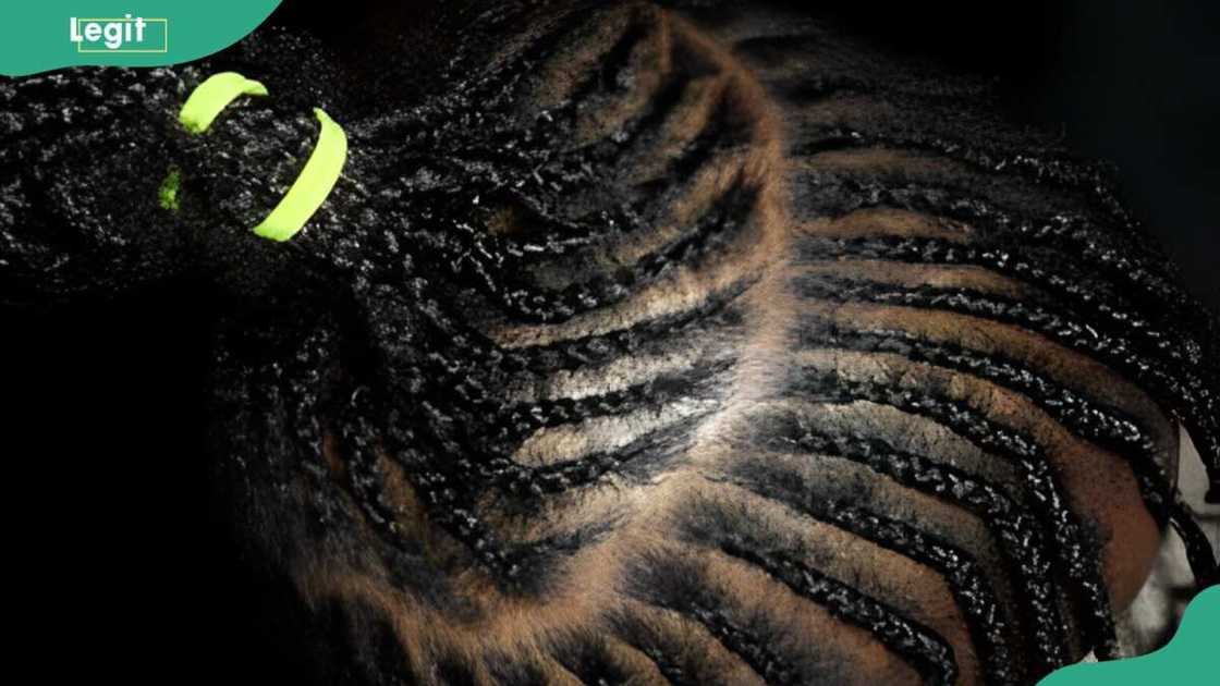 Braided ponytail with yellow ribbon Braided ponytail with yellow ribbon