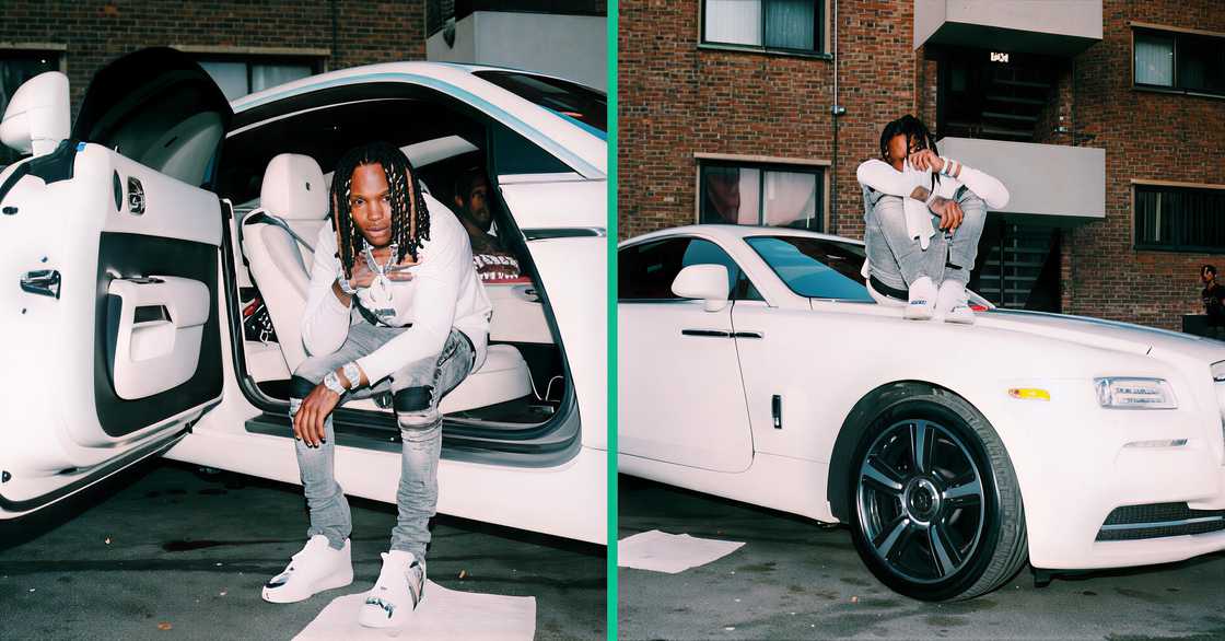 King Von poses inside and next to a white Rolls-Royce luxury car. King Von poses inside and next to a white Rolls-Royce luxury car.