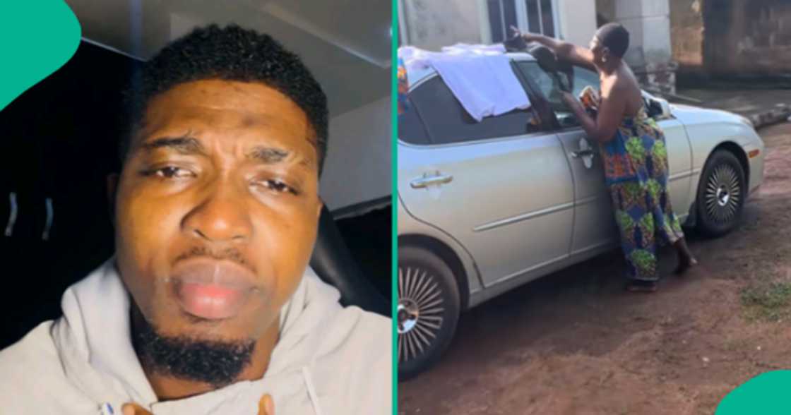 Man captures his mother on camera spreading her clothes on his car.