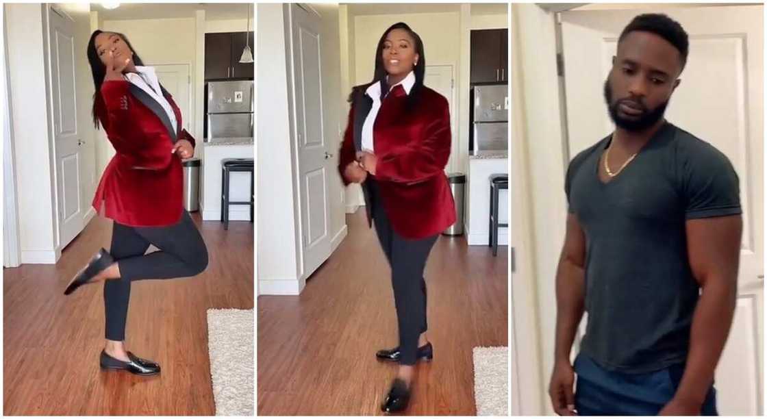 Photos of a woman dazzling in her husband's clothes.