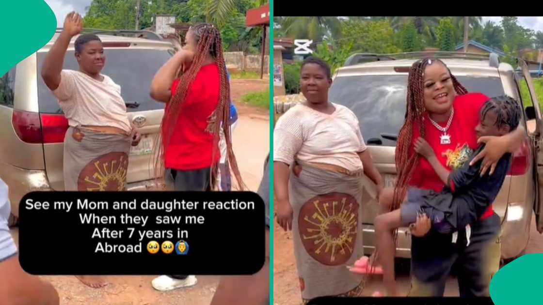 Family surprised as their daughter returns from abroad. Family surprised as their daughter returns from abroad.